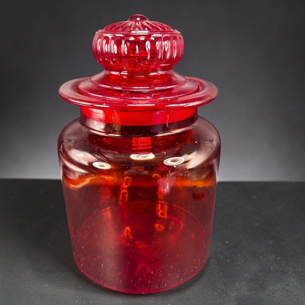 Vintage Takashi Ruby Red Glass Apothecary Jar with Lid Large Canister Container
